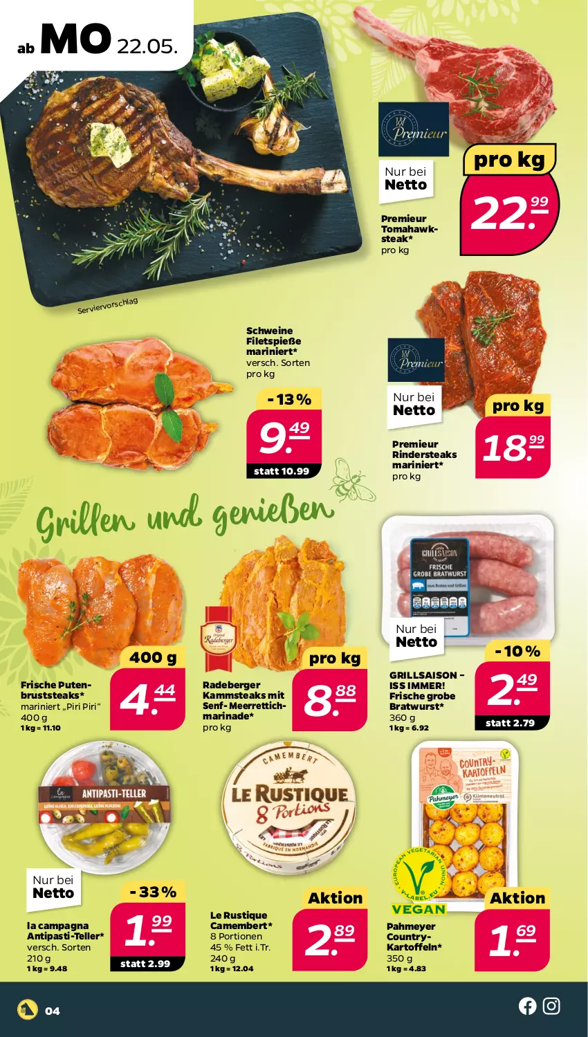 Aktueller Prospekt Netto - Woche 21 - von 22.05 bis 27.05.2023 - strona 4 - produkty: antipasti, asti, Berger, bratwurst, camembert, elle, filet, filets, grill, grobe bratwurst, kartoffel, kartoffeln, Le Rustique, marinade, meerrettich, pute, putenbrust, radeberger, Rettich, rind, rinder, Rindersteak, schwein, schweine, senf, steak, steaks, teller, Ti, wein, weine, wurst