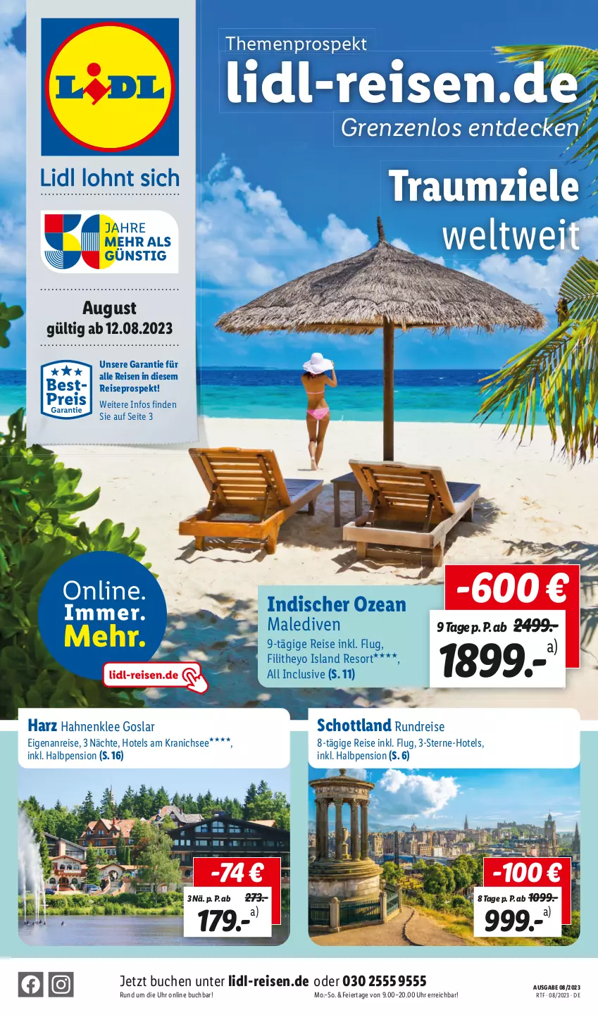 Aktueller Prospekt Lidl - Traumziele weltweit - von 12.08 bis 15.09.2023 - strona 1 - produkty: buch, decke, eier, eis, reis, schott, Ti, uhr, Yo