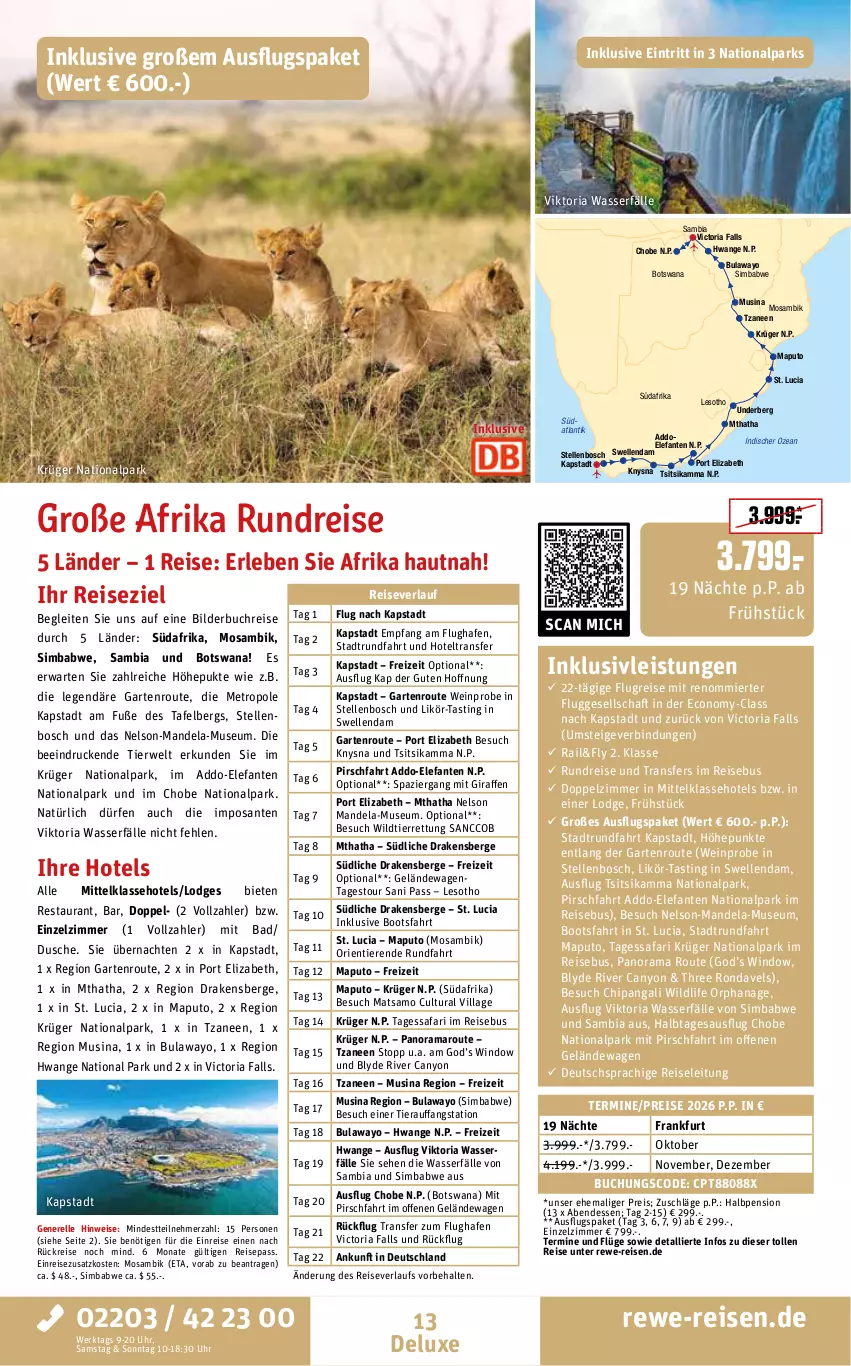 Aktueller Prospekt Rewe Reisen - Reiseprospekt - von 31.07 bis 28.08.2026 - strona 13 - produkty: amaro, ambia, asti, Bad, bosch, buch, deutschsprachige reiseleitung, dusche, eis, Elefant, elle, Garten, inklusivleistungen, krüger, likör, mandel, Metro, rama, reis, reiseverlauf, rel, Ria, rwe, SANTE, sim, simba, Ti, Tiere, uhr, underberg, wasser, wein, Wild, Yo