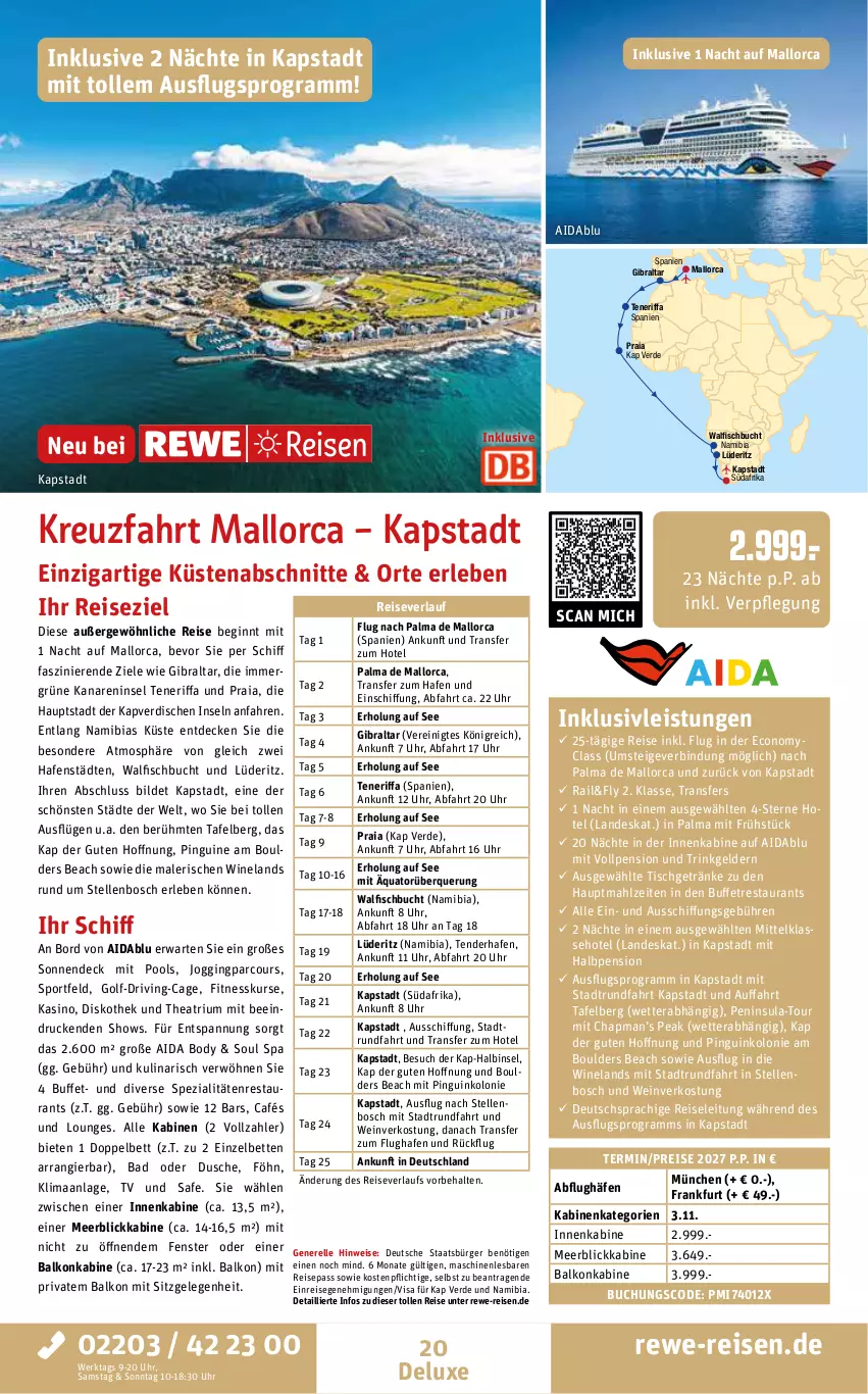 Aktueller Prospekt Rewe Reisen - Reiseprospekt - von 31.07 bis 28.08.2026 - strona 20 - produkty: Bad, balkonkabine, bett, Betten, body, bosch, buch, decke, deutschsprachige reiseleitung, dusche, eis, Elan, elle, erde, fenster, fisch, getränk, getränke, gin, inklusivleistungen, meerblickkabine, pingui, pool, reis, reiseverlauf, rel, Spezi, Sport, tender, Thea, Ti, tisch, uhr, wein