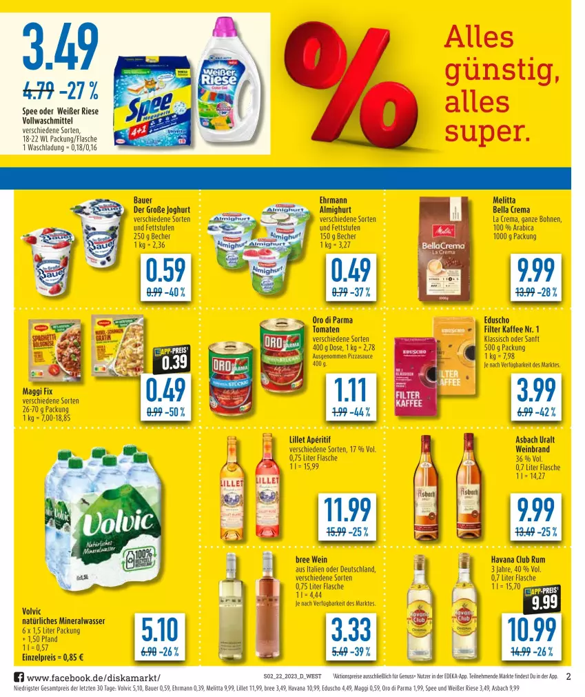 Aktueller Prospekt Diska - Prospekte - von 30.05 bis 03.06.2023 - strona 2 - produkty: aktionspreis, almighur, almighurt, Alwa, aperitif, asbach uralt, auer, Bau, Bauer, Becher, bella crema, bohne, bohnen, bree, deka, eduscho, ehrmann, eis, flasche, joghur, joghurt, kaffee, lillet, maggi, maggi fix, melitta, mineralwasser, natürliches mineralwasser, nuss, oro di parma, pizza, reis, rum, sauce, spee, Ti, tomate, tomaten, vollwaschmittel, volvic, volvic natürliches, waschmittel, wasser, wein, weinbrand, ZTE