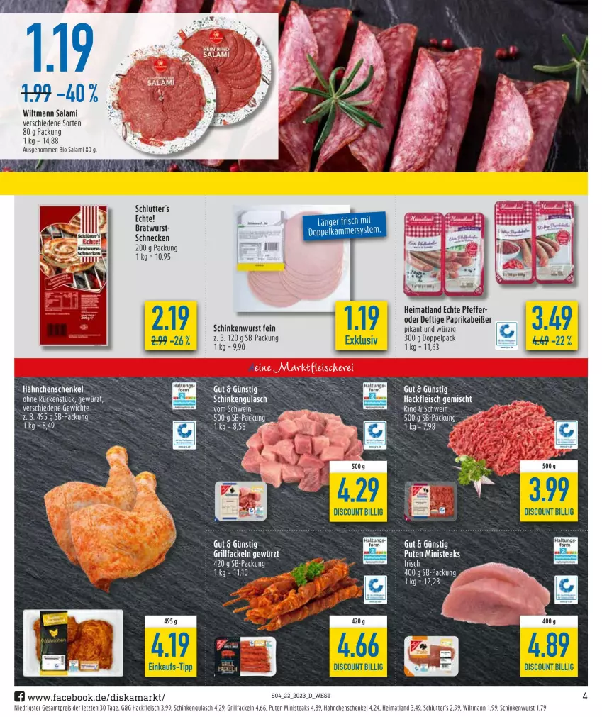 Aktueller Prospekt Diska - Prospekte - von 30.05 bis 03.06.2023 - strona 4 - produkty: bio, bratwurst, eis, fleisch, gewürz, grill, grillfackeln, gulasch, hackfleisch, hackfleisch gemischt, hähnchenschenkel, henkel, paprika, pfeffer, pute, reis, salami, schenkel, Schere, schinken, schinkenwurst, steak, steaks, Ti, wiltmann, wurst, ZTE