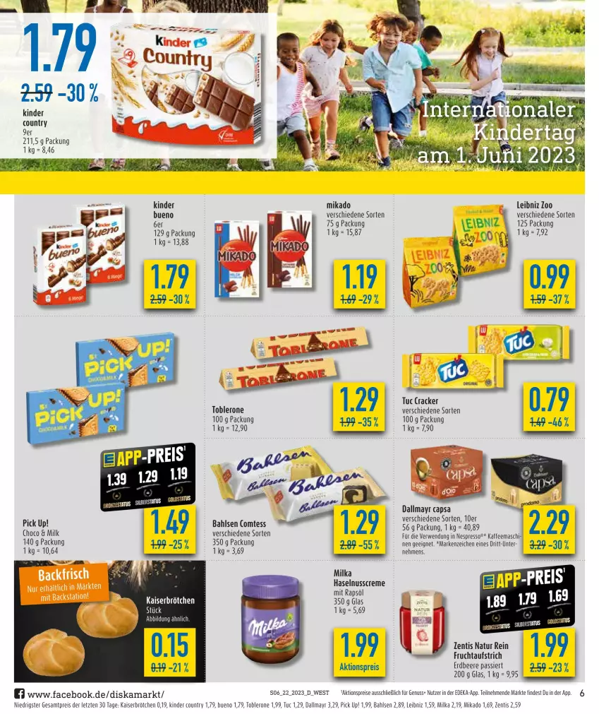 Aktueller Prospekt Diska - Prospekte - von 30.05 bis 03.06.2023 - strona 6 - produkty: aktionspreis, aufstrich, bahlsen, beere, brötchen, Cap, comtess, cracker, creme, dallmayr, dallmayr capsa, deka, eis, erdbeere, espresso, frucht, fruchtaufstrich, haselnuss, Haselnusscreme, kaffee, Kaiser, Kinder, kinder country, leibniz, mikado, milka, natur, nespresso, nuss, Pick Up!, rapsöl, reis, rwe, Ti, toblerone, tuc, zentis, ZTE