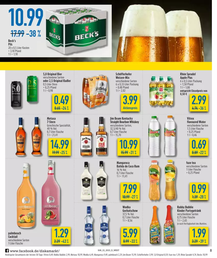 Aktueller Prospekt Diska - Prospekte - von 30.05 bis 03.06.2023 - strona 8 - produkty: aktionspreis, Apple, batida, becks, bier, bourbon, bourbon whiskey, cocktail, eis, flasche, fuze tea, getränk, gin, Gorbatschow, jim beam, Kinder, mangaroca, Metaxa, pils, radler, reis, robby, rum, schöfferhofer, Spezi, Sprudel, Ti, tuc, vitrex, whiskey, wodka, ZTE