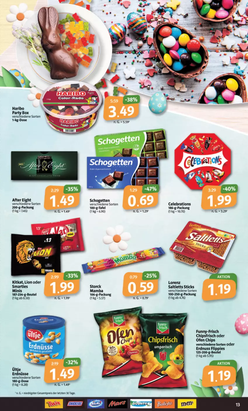 Aktueller Prospekt Markant - Prospekte - von 03.04 bis 08.04.2023 - strona 13 - produkty: after eight, beutel, chips, eis, erdnuss, erdnüsse, flippies, funny-frisch, haribo, kitkat, lion, mam, nuss, reis, schogetten, smarties, Ti, ültje, ültje erdnüsse, ZTE