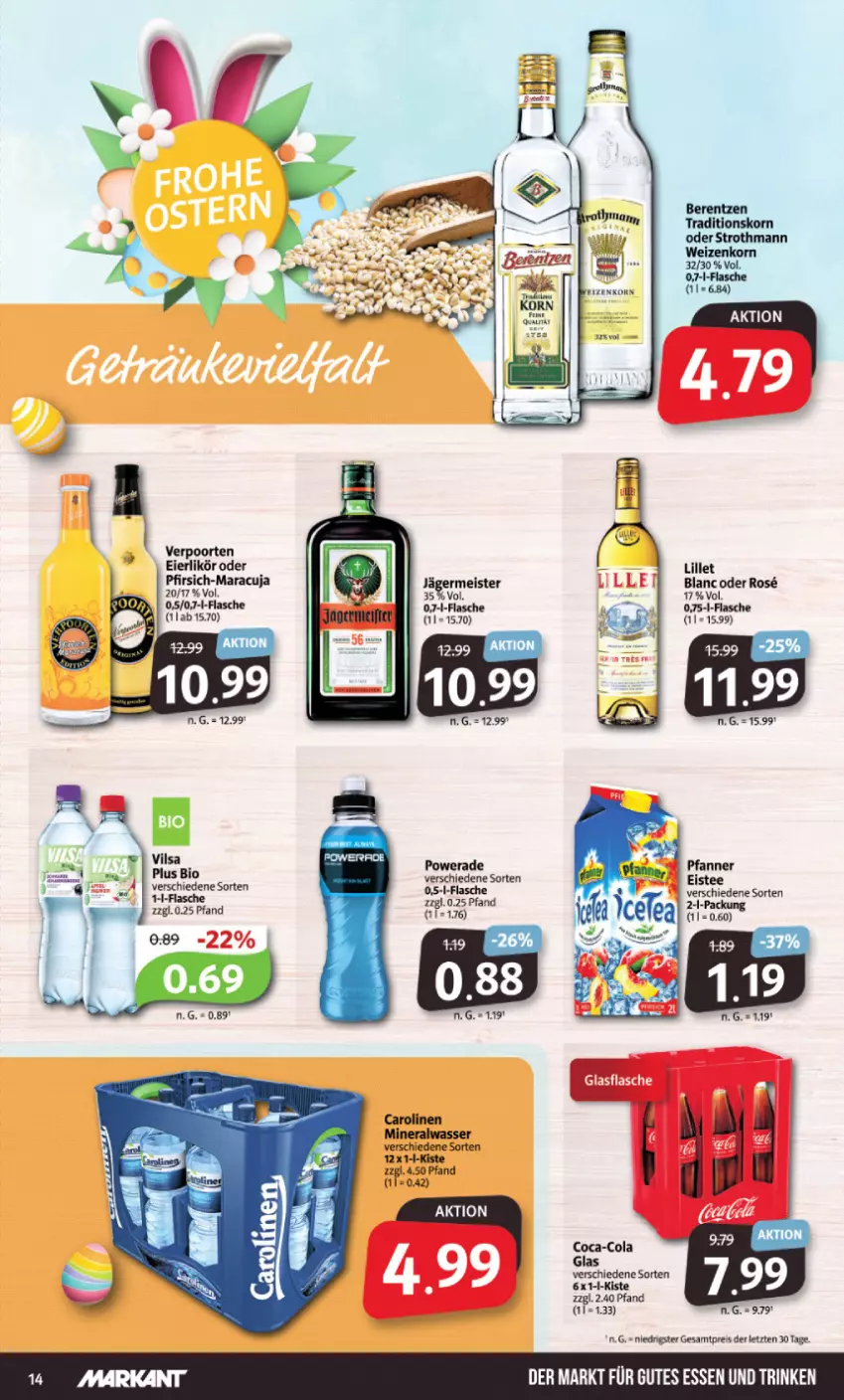 Aktueller Prospekt Markant - Prospekte - von 03.04 bis 08.04.2023 - strona 14 - produkty: bio, coca-cola, cola, eier, eierlikör, eis, eistee, flasche, Germ, glasflasche, jägermeister, likör, lillet, maracuja, Meister, pfanne, Pfanner, pfirsich, reis, tee, Ti, verpoorten, vilsa, ZTE