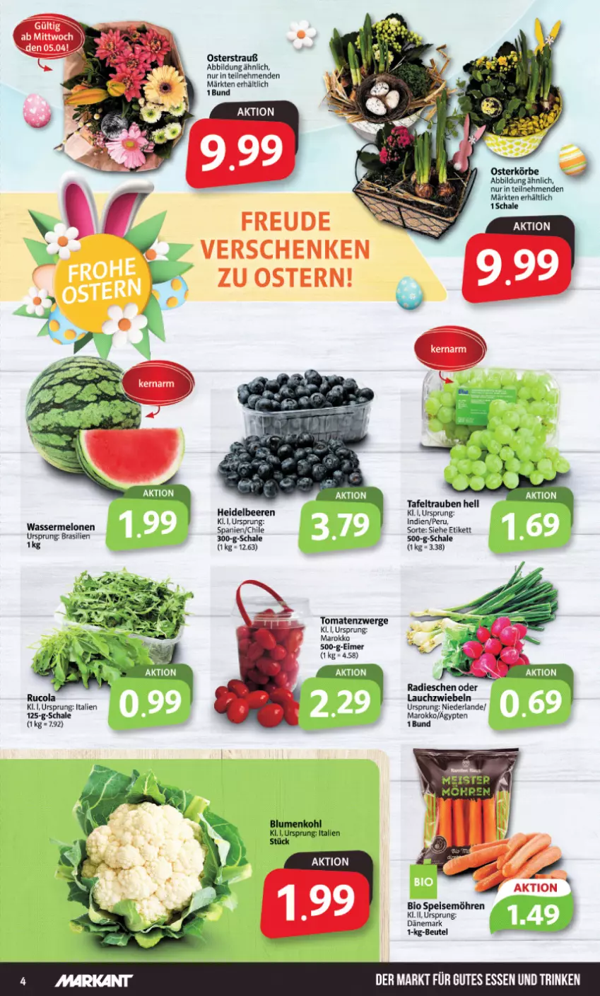 Aktueller Prospekt Markant - Prospekte - von 03.04 bis 08.04.2023 - strona 4 - produkty: beere, beeren, beutel, bio, blume, blumen, blumenkohl, eimer, eis, gutes essen, heidelbeere, heidelbeeren, Lauchzwiebel, lauchzwiebeln, melone, melonen, möhren, radieschen, Schal, Schale, speisemöhren, tafeltrauben, Ti, tomate, tomaten, trauben, wasser, wassermelone, wassermelonen, zwiebel, zwiebeln