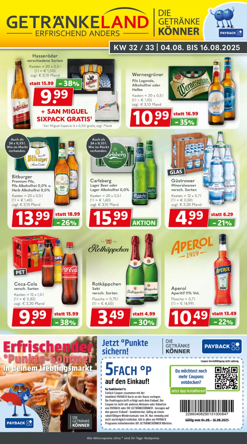 Aktueller Prospekt Getraenkeland - von 03.08 bis 15.08.2025 - strona 1 - produkty: aktionspreis, alkohol, Alwa, aperitif, aperol, bestpreis, bestpreise, bitburger, burger, carlsberg, coca-cola, cola, coupon, coupons, decke, eis, elle, flasche, getränk, getränke, hasseröder, LG, mineralwasser, payback, pils, premium pils, reis, rotkäppchen, sekt, Ti, wasser