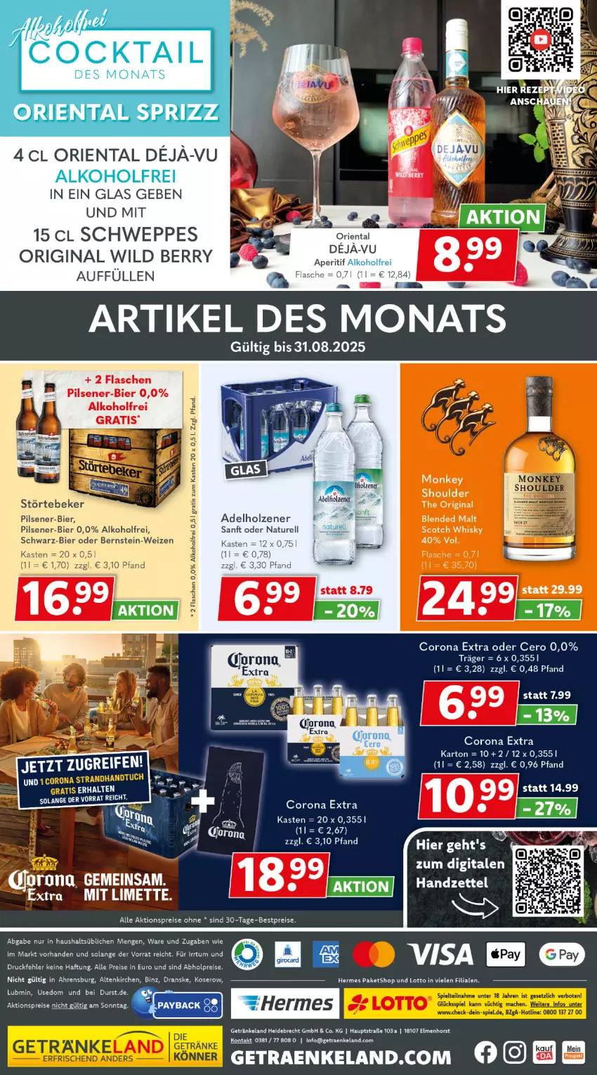 Aktueller Prospekt Getraenkeland - von 03.08 bis 15.08.2025 - strona 10 - produkty: abholpreise, adelholzener, aktionspreis, alkohol, bestpreis, bestpreise, bier, corona, corona extra, eis, Elan, flasche, getränk, getränke, gin, Holz, natur, pils, pilsener, reifen, reis, rel, schweppes, scotch, scotch whisky, störtebeker, Ti, whisky, Wild, wild berry