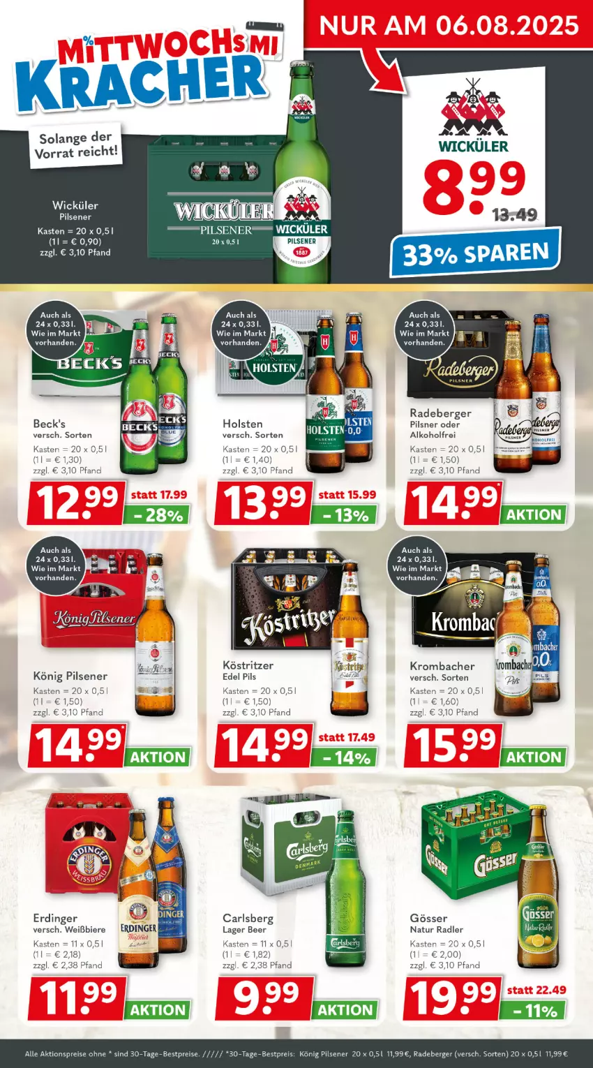 Aktueller Prospekt Getraenkeland - von 03.08 bis 15.08.2025 - strona 2 - produkty: aktionspreis, beck's, Berger, bestpreis, bestpreise, bier, Biere, carlsberg, eis, erdinger, gösser, holsten, könig pilsener, köstritzer, krombache, krombacher, natur, natur radler, pils, pilsener, pilsner, radeberger, radler, reis, rel, Ti, WICK