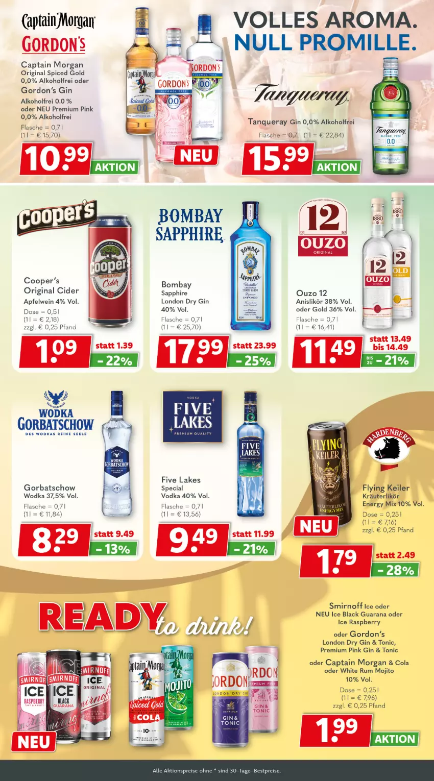 Aktueller Prospekt Getraenkeland - von 03.08 bis 15.08.2025 - strona 9 - produkty: aktionspreis, alkohol, apfel, apfelwein, bestpreis, bestpreise, bombay sapphire, Cap, captain morgan, cider, cola, dry gin, eis, flasche, gin, Gorbatschow, gordon, Gordon’s, gordons, HP, kräuter, kräuterlikör, lack, LG, likör, london dry, london dry gin, mojito, original spiced gold, ouzo, ouzo 12, Rana, raspberry, reis, rum, sapphire, smirnoff, Tanqueray, Ti, tonic, vodka, wein, white rum, wodka