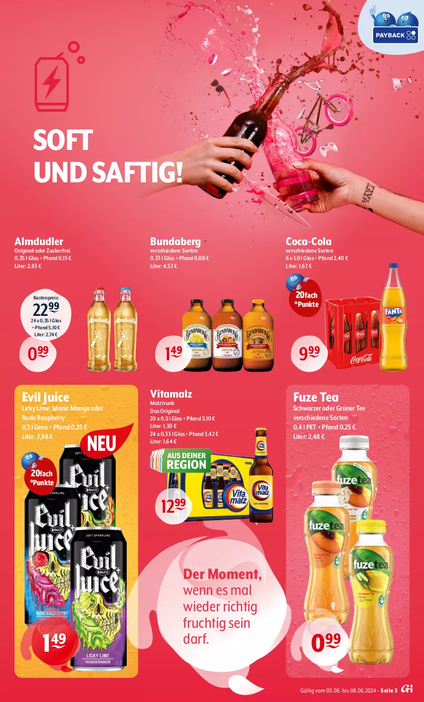 Aktueller Prospekt Getraenke Hoffmann - Prospekte - von 03.06 bis 08.06.2024 - strona 3 - produkty: almdudler, Bundaberg, coca-cola, cola, eis, frucht, fuze tea, gin, grüner tee, malz, mango, raspberry, reis, saft, tee, Ti, vita, vitamalz, zucker