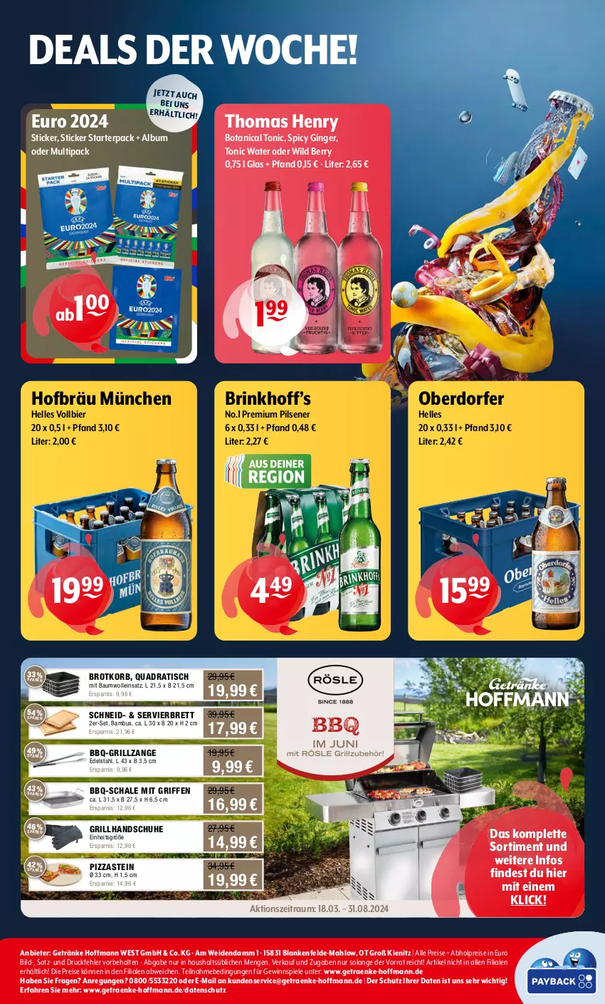 Aktueller Prospekt Getraenke Hoffmann - Prospekte - von 03.06 bis 08.06.2024 - strona 8 - produkty: abholpreise, bambus, Bau, baumwolle, bier, brot, Brotkorb, edelstahl, eis, elle, getränk, getränke, gewinnspiel, gin, ginger, grill, Grillhandschuhe, grillzange, handschuhe, korb, pils, pilsener, pizza, premium pils, quad, reis, Schal, Schale, schuhe, Spiele, thomas henry, Ti, tisch, tonic, tonic water, Wild, wild berry, wolle