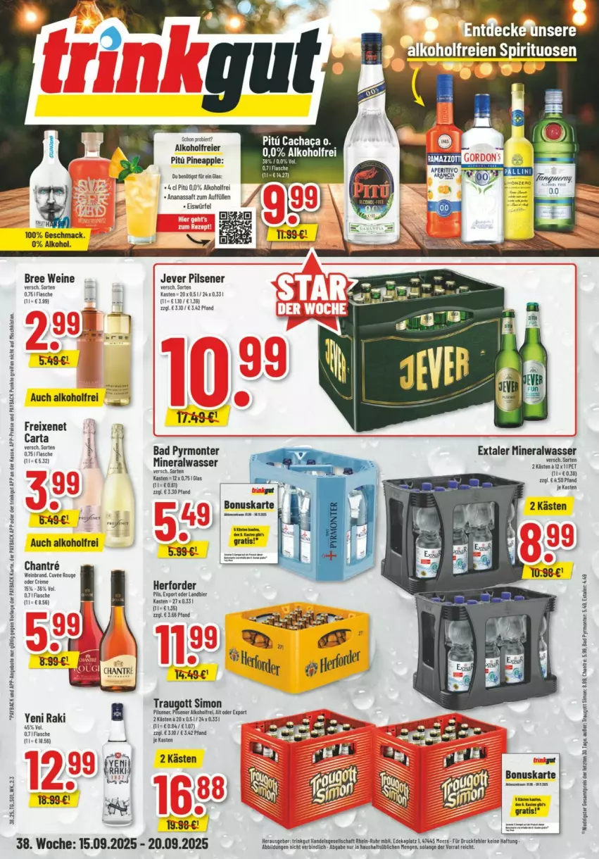 Aktueller Prospekt Trinkgut - Prospekte - von 14.09 bis 20.09.2025 - strona 1 - produkty: alkohol, Alwa, ananas, Apple, Bad, bree, eis, eiswürfel, Extaler, flasche, freixenet, jever, jever pilsener, K2, mac, mineralwasser, monte, ordner, pils, pilsener, reis, rel, saft, sim, Ti, wasser, wein, weine, würfel, yeni raki, ZTE