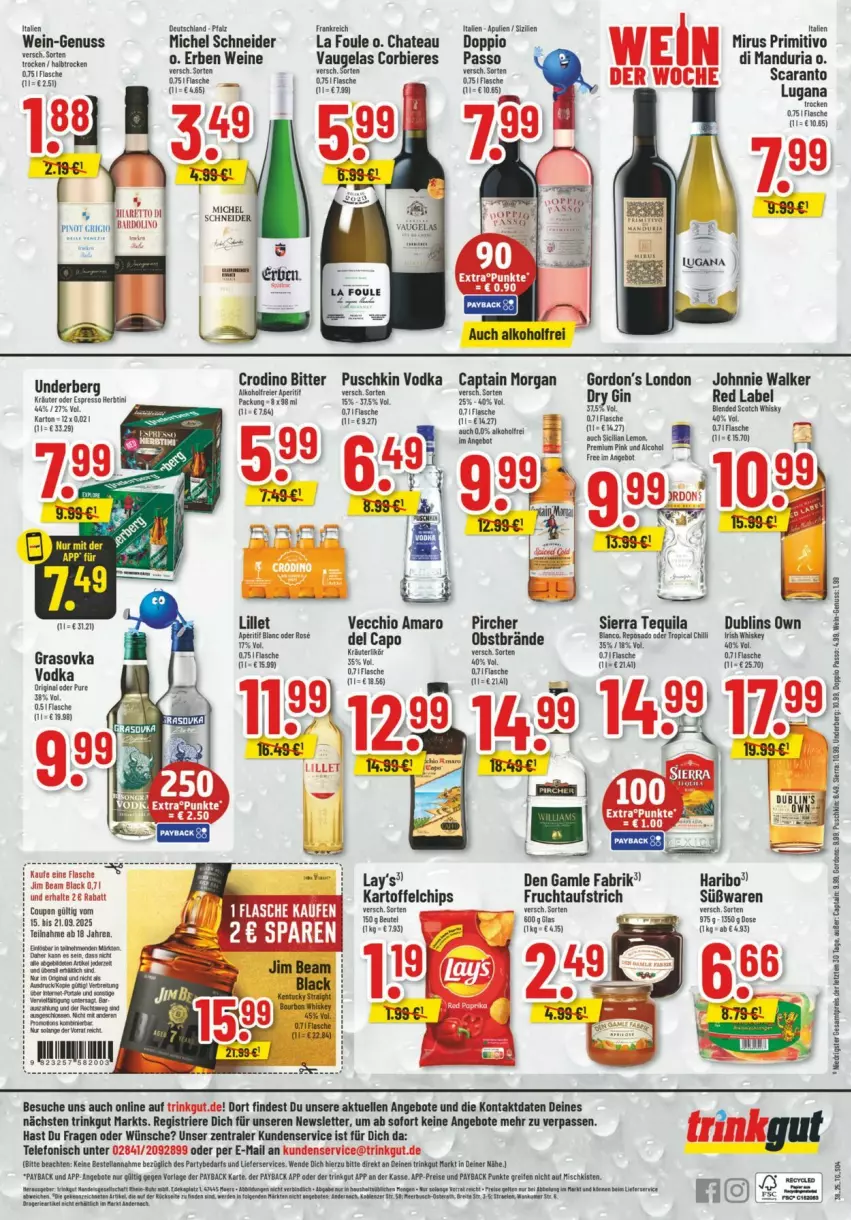 Aktueller Prospekt Trinkgut - Prospekte - von 14.09 bis 20.09.2025 - strona 6 - produkty: alkohol, amaro, angebot, angebote, aperitif, aufstrich, beutel, bier, Biere, bourbon, bourbon whiskey, Cap, captain morgan, chateau, chips, coupon, den gamle, doppio passo, eier, eis, elle, espresso, flasche, frucht, fruchtaufstrich, gin, gordon, Gordon’s, haribo, johnnie walker, kartoffel, kartoffelchips, kentucky straight, lillet, Michel Schneider, nuss, obst, oder espresso, passo, pircher, primitivo, puschkin vodka, reis, Ria, Sierra, sierra tequila, telefon, tequila, Ti, tuc, underberg, vodka, wein, weine, whiskey, ZTE