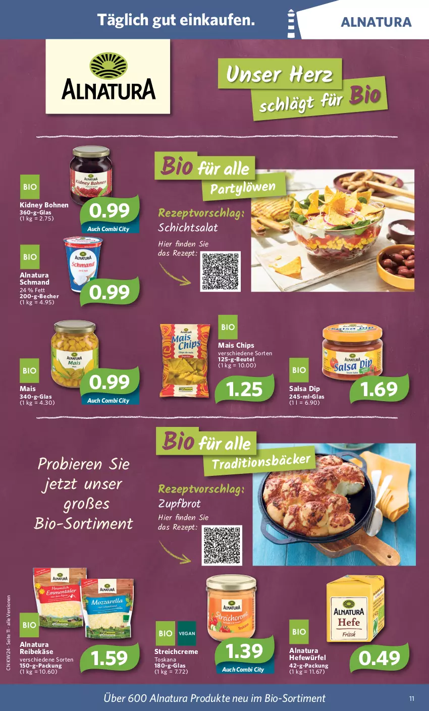 Aktueller Prospekt Combi - Prospekte - von 13.06 bis 18.06.2022 - strona 11 - produkty: Becher, beutel, bier, Biere, bio, bohne, bohnen, brot, chips, creme, dip, Hefe, Käse, kidney, kidney bohnen, mais, natur, natura, Reibekäse, rezept, salat, Salsa, schmand, Ti, würfel