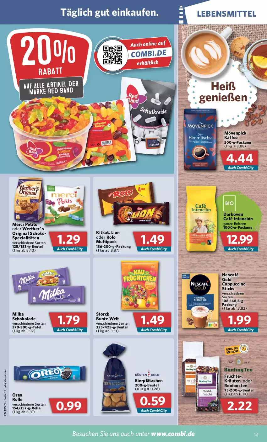 Aktueller Prospekt Combi - Prospekte - von 13.06 bis 18.06.2022 - strona 13 - produkty: beutel, bohne, bohnen, Cap, cappuccino, cin, darbo, darboven, eier, früchte, gin, kaffee, kitkat, kräuter, Lätzche, lebensmittel, lion, merci, milka, milka schokolade, mövenpick, mövenpick kaffee, Nescafé, nescafé gold, oreo, schoko, schokolade, Spezi, storck, tee, Ti