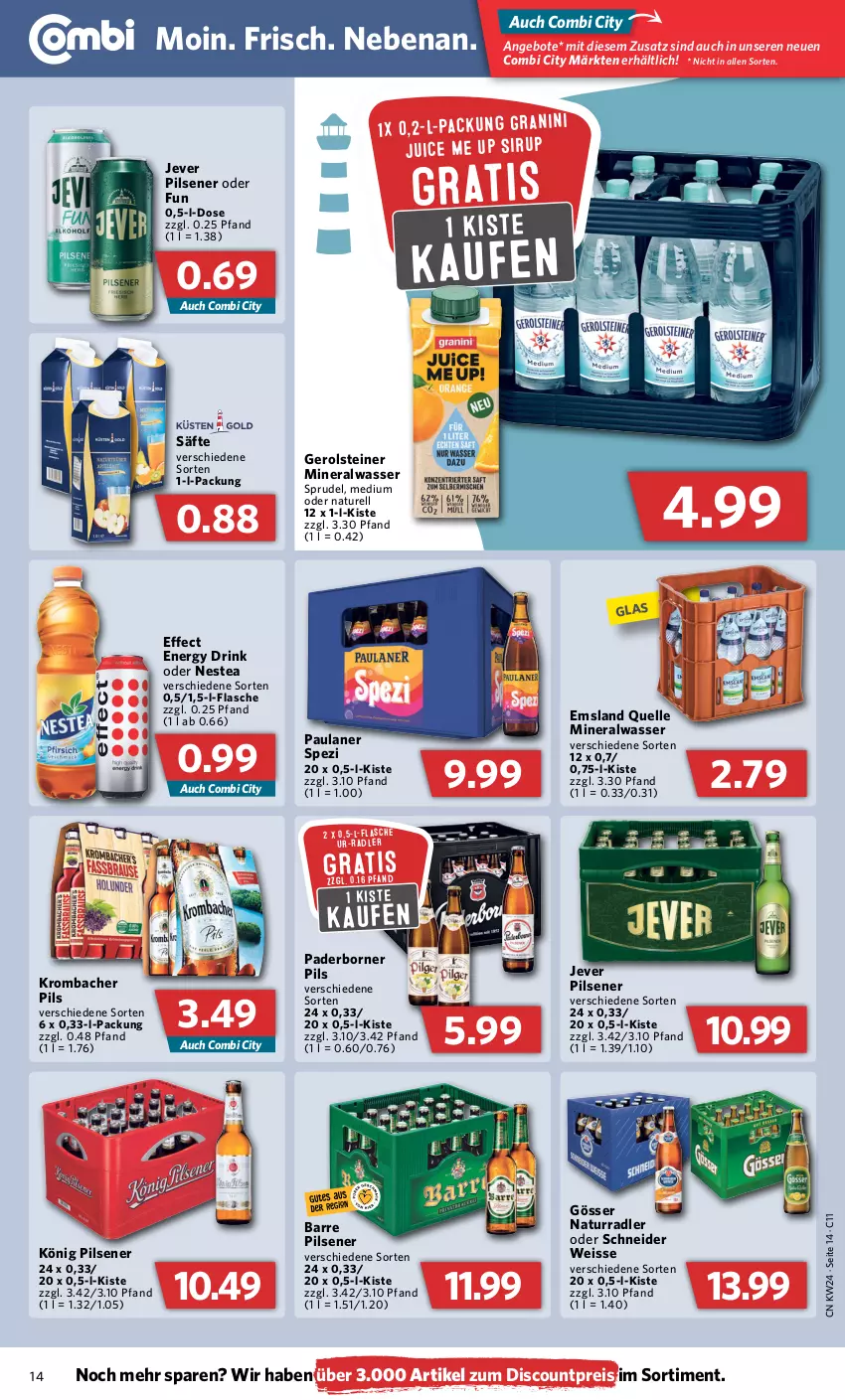 Aktueller Prospekt Combi - Prospekte - von 13.06 bis 18.06.2022 - strona 14 - produkty: Alwa, angebot, angebote, discount, drink, Effect, eis, elle, energy drink, flasche, gerolsteine, gerolsteiner, gösser, granini, jever, jever pilsener, könig pilsener, krombache, krombacher, krombacher pils, mineralwasser, natur, Nestea, Paula, paulaner, pils, pilsener, radler, reis, rel, säfte, sirup, Spezi, Sprudel, steiner, Ti, wasser