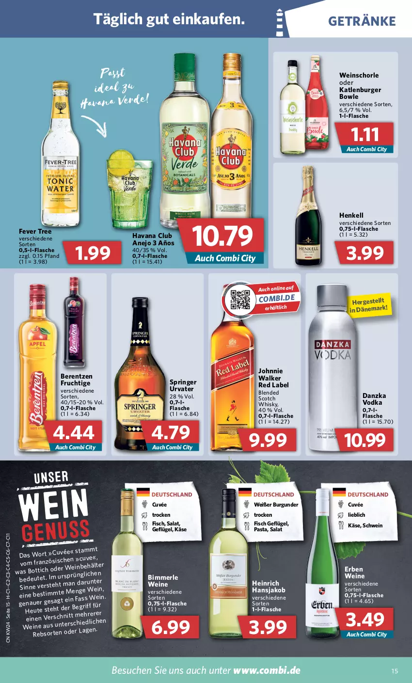 Aktueller Prospekt Combi - Prospekte - von 13.06 bis 18.06.2022 - strona 15 - produkty: auer, Behälter, berentzen, blended scotch, blended scotch whisky, bowle, burger, burgunder, cuvée, erde, fisch, flasche, frucht, Geflügel, getränk, getränke, Havana Club, henkel, henkell, Heu, jako, johnnie walker, Käse, katlenburger, merl, pasta, ring, salat, schorle, schwein, scotch, scotch whisky, Ti, urvater, vodka, wein, weine, weinschorle, whisky