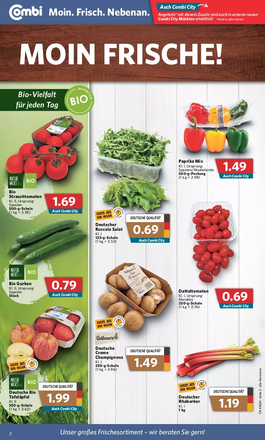 Aktueller Prospekt Combi - Prospekte - von 13.06 bis 18.06.2022 - strona 2 - produkty: angebot, angebote, bio, bio gurken, champignon, champignons, cola, creme, datteltomaten, gurke, gurken, paprika, paprika mix, Rauch, rhabarber, salat, Schal, Schale, strauchtomaten, tafeläpfel, Ti, tomate, tomaten