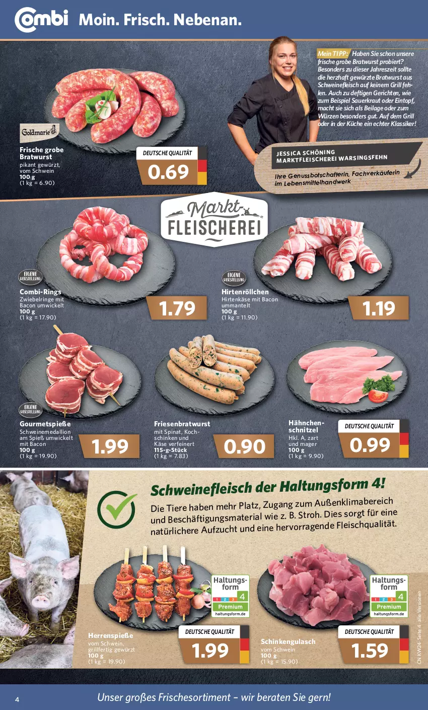 Aktueller Prospekt Combi - Prospekte - von 13.06 bis 18.06.2022 - strona 4 - produkty: auer, bacon, bier, bratwurst, dalli, eintopf, eis, fleisch, gewürz, grill, grobe bratwurst, gulasch, Hähnchenschnitzel, hirtenkäse, Hirtenröllchen, ilag, Käse, kochschinken, Kraut, küche, lebensmittel, lion, mab, mac, Mantel, nuss, Ria, ring, Sauerkraut, schinken, schnitzel, schwein, schweine, schweinefleisch, spinat, Ti, Tiere, topf, wein, weine, WICK, wurst, ZTE, zwiebel