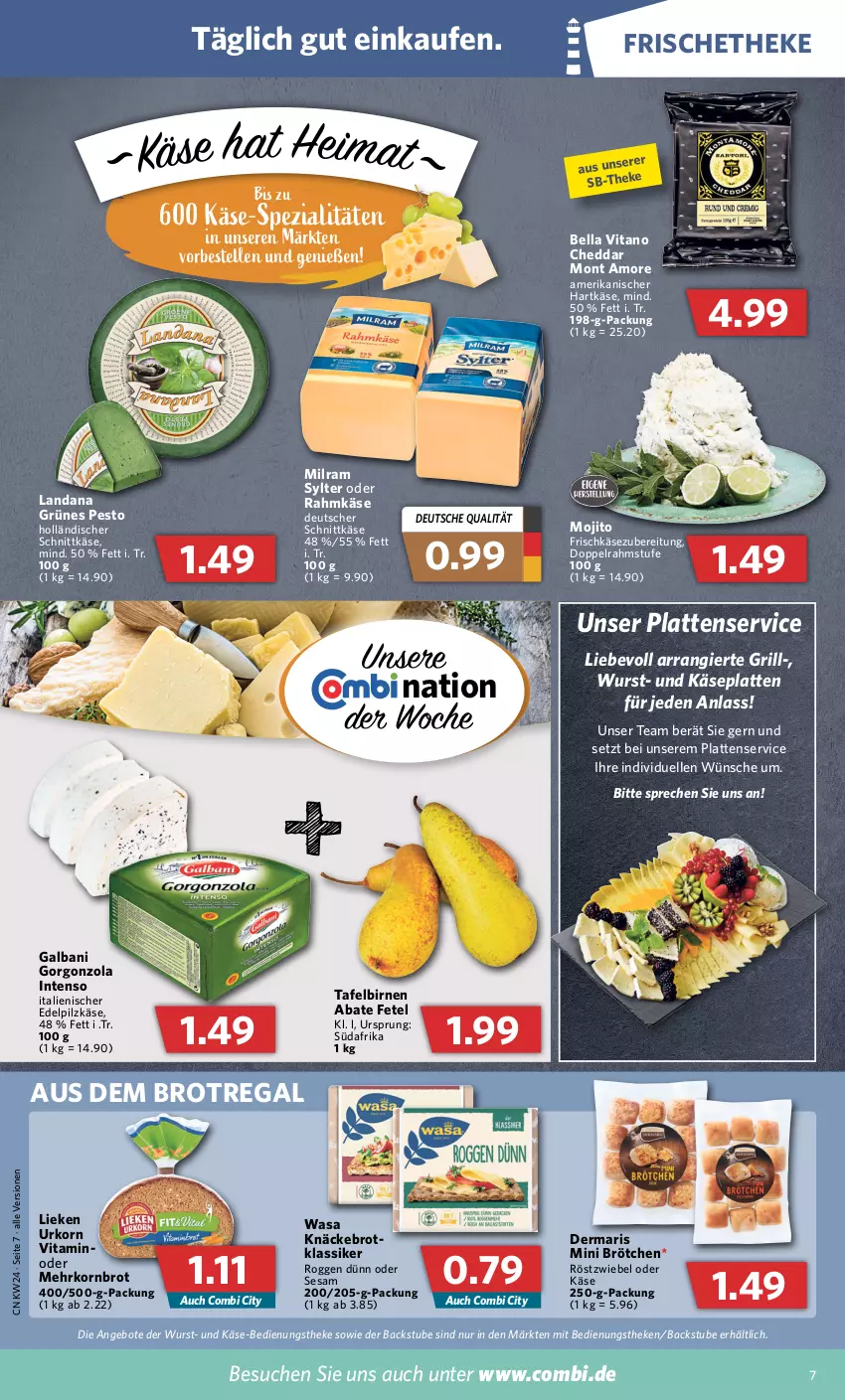 Aktueller Prospekt Combi - Prospekte - von 13.06 bis 18.06.2022 - strona 7 - produkty: angebot, angebote, Birnen, brot, brötchen, cheddar, deutscher schnittkäse, doppelrahmstufe, elle, frischkäse, frischkäsezubereitung, galbani, gorgonzola, grill, hartkäse, holländischer schnittkäse, intenso, Käse, knäckebrot, korn, Kornbrot, latte, lieken, milram, mojito, pesto, regal, schnittkäse, sesam, Spezi, stube, Sylter, tafelbirnen, Ti, urkorn, vita, wasa, wurst, zwiebel