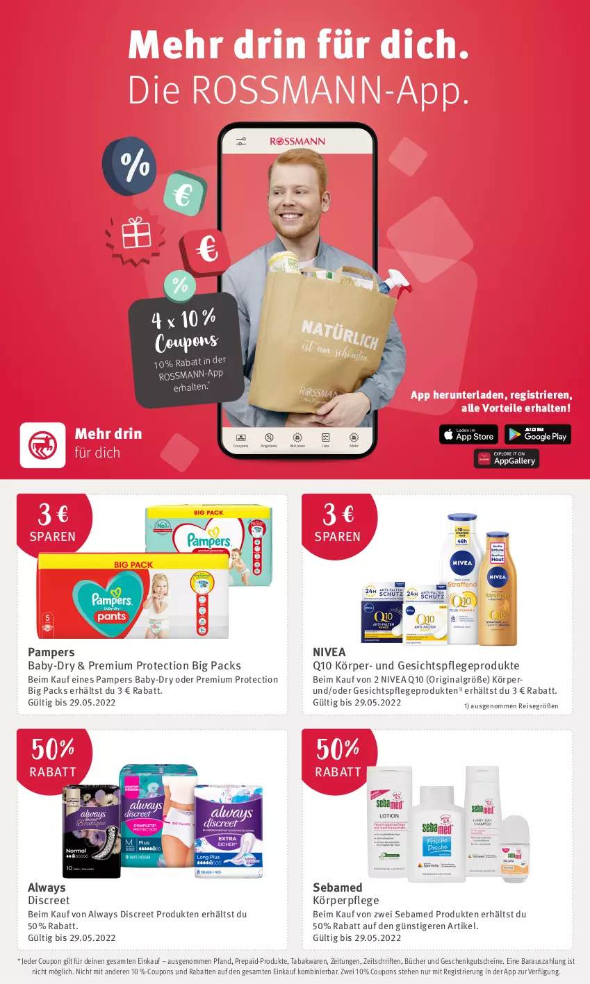 Aktueller Prospekt Rossmann - Prospekte - von 30.04 bis 13.05.2022 - strona 4 - produkty: Alwa, Always, angebot, angebote, baby-dry, coupon, coupons, Discreet, eis, gesichtspflege, gin, gutschein, gutscheine, körperpflege, LG, nivea, pampers, Q10, reis, sebamed, Ti