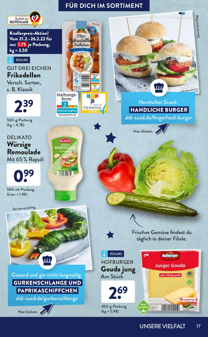 Aktueller Prospekt AldiSud - ALDI Sortiment - von 01.02 bis 28.02.2022 - strona 17 - produkty: aldi, ball, bio, brot, burger, dell, eis, elle, frikadellen, frischkäse, gouda, gouda jung, gurke, gurken, Käse, knallerpreis, korn, Kornbrot, Körniger Frischkäse, kräuter, olive, oliven, paprika, rapsöl, reis, remoulade, Schiffchen, snack, snacks, Ti, vollkornbrot, ziegenkäse