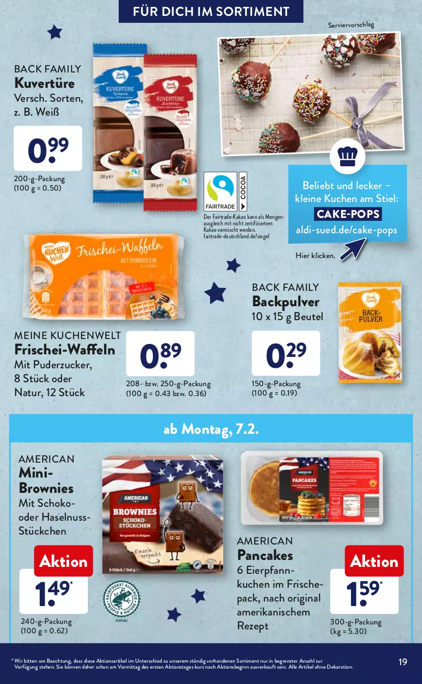 Aktueller Prospekt AldiSud - ALDI Sortiment - von 01.02 bis 28.02.2022 - strona 19 - produkty: aldi, alle artikel ohne dekoration, backmischung, ball, beutel, biscotto, brownie, brownies, cola, cookie, cookies, dekoration, eier, erde, gin, haselnuss, kakao, kuchen, leine, natur, nuss, Pfannkuchen, rezept, schoko, Ti, waffeln, ZTE, zucker