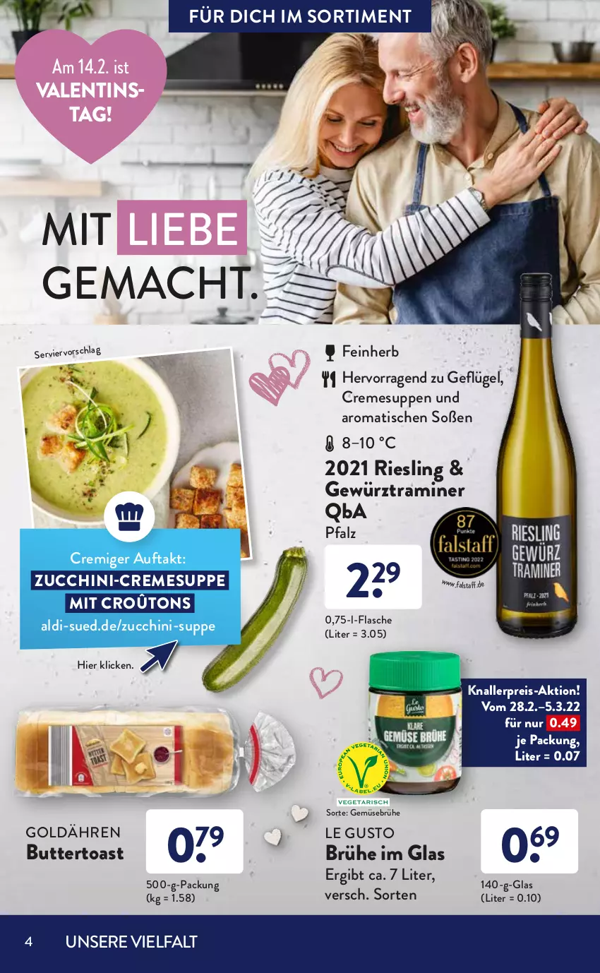 Aktueller Prospekt AldiSud - ALDI Sortiment - von 01.02 bis 28.02.2022 - strona 4 - produkty: aldi, bio, Bio-Hackfleisch, bolognese, Brühe, butter, Buttertoast, cin, creme, cremesuppe, eis, flasche, fleisch, Geflügel, Gemüsebrühe, gewürz, hackfleisch, knallerpreis, kräuter, mac, nuss, parmigiano, parmigiano reggiano, reggiano, reis, riesling, rind, schwein, schweine, schweinefleisch, Soße, spaghetti, suppe, suppen, Ti, tisch, toast, tomate, tomaten, wein, weine, zucchini