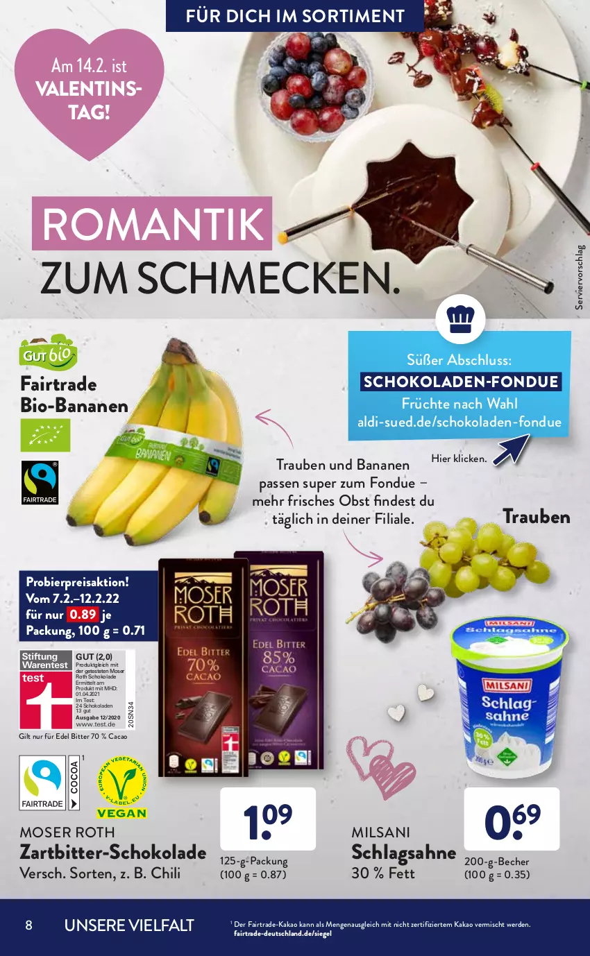 Aktueller Prospekt AldiSud - ALDI Sortiment - von 01.02 bis 28.02.2022 - strona 8 - produkty: aldi, alle artikel ohne dekoration, apfel, banane, bananen, Becher, beere, beeren, bier, bio, bio-bananen, chili, cocktail, dekoration, eis, erde, flasche, Fondue, früchte, gin, himbeer, joghur, joghurt, kakao, kuchen, mac, moser, Moser Roth, Muffin, muffins, obst, reis, rosen, sahne, schlagsahne, schoko, schokolade, schokoladen, Ti, torte, trauben, wein, Wild, wild berry, ZTE