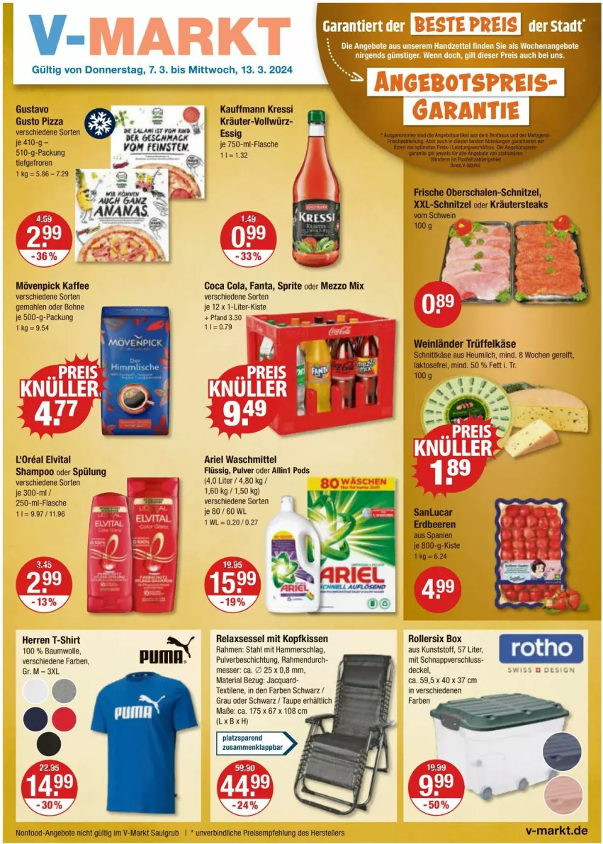 Aktueller Prospekt Vmarkt - Prospekte - von 07.03 bis 13.03.2024 - strona 1 - produkty: angebot, angebote, ariel, ariel waschmittel, Bau, baumwolle, beere, beeren, bohne, cola, decke, Deckel, eis, elle, elvital, erdbeere, erdbeeren, essig, fanta, flasche, Heu, heumilch, je 12 x 1-liter-kiste, kaffee, Käse, kissen, kopfkissen, kräuter, kressi, LG, mac, messer, Mezzo Mix, milch, mövenpick, mövenpick kaffee, oder kräuter, pizza, Pods, puma, reis, rel, relaxsessel, Ria, Roller, Schal, Schale, schnittkäse, schnitzel, schwein, sessel, shampoo, shampoo oder spülung, shirt, sprite, spülung, steak, steaks, T-Shirt, teller, Ti, Trüffel, vita, waschmittel, wein, wolle