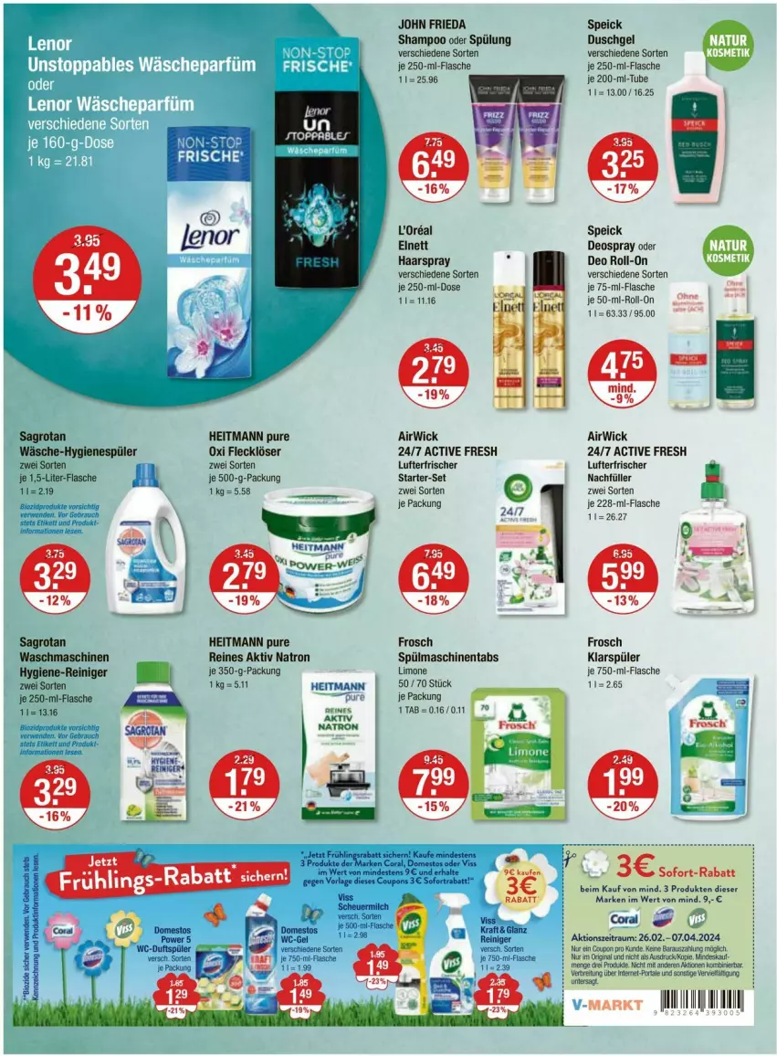 Aktueller Prospekt Vmarkt - Prospekte - von 07.03 bis 13.03.2024 - strona 10 - produkty: airwick, bio, biozidprodukte, braun, Coral, coupon, coupons, deo, deo roll-on, deospray, duschgel, flasche, Frosch, gin, haarspray, heitmann, Heu, hygiene-reiniger, hygienespüler, klarspüler, limo, lufterfrischer, oder deo roll-on, Rauch, reiniger, roll-on, rwe, sagrotan, shampoo, shampoo oder spülung, sofort-rabatt, Speick, spülmaschinen, spülmaschinentabs, spülung, Ti, waschmaschine, waschmaschinen, WICK