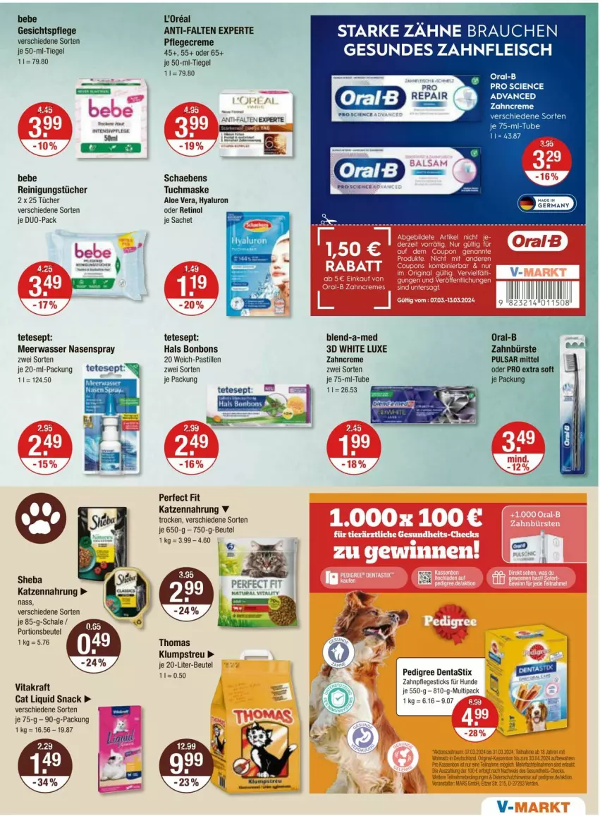 Aktueller Prospekt Vmarkt - Prospekte - von 07.03 bis 13.03.2024 - strona 11 - produkty: aloe vera, anti-falten experte, asti, Bebe, beutel, blend-a-med, bonbons, bürste, Cien, creme, dentastix, eis, fleisch, gesichtspflege, hyaluron, katzennahrung, klumpstreu, kraft, Maske, Meerwasser, Nasenspray, oral-b, pedigree, Perfect Fit, Pflegecreme, portionsbeutel, Rauch, Reinigung, reinigungstücher, sac, Schaebens, Schal, Schale, sheba, snack, Ti, tuc, tücher, tuchmaske, vita, vitakraft, wasser, zahnbürste, zahncreme