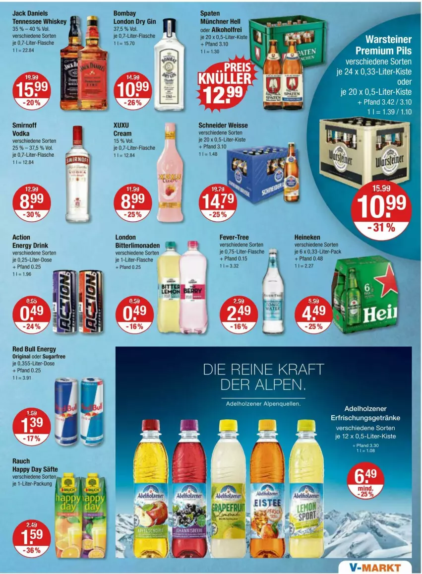 Aktueller Prospekt Vmarkt - Prospekte - von 07.03 bis 13.03.2024 - strona 9 - produkty: adelholzener, alkohol, drink, dry gin, eis, eistee, elle, energy drink, erfrischungsgetränk, erfrischungsgetränke, fever-tree, flasche, getränk, getränke, gin, Happy Day, heineken, Holz, jack daniel, jack daniels, je 1-liter-flasche, kraft, LG, limo, limonade, limonaden, london dry, london dry gin, Rauch, red bull, säfte, smirnoff, Spaten, steiner, tee, tennessee whiskey, Ti, vodka, warsteiner, whiskey