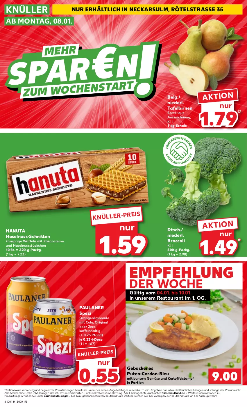 Aktueller Prospekt Kaufland - Extra-Angebote - von 04.01 bis 10.01.2024 - strona 8 - produkty: angebot, angebote, Birnen, broccoli, cola, creme, eis, erde, geback, gin, hanuta, haselnuss, kakao, kartoffel, LG, limo, limonade, nuss, orange, orangen, Paula, paulaner, pute, Schal, Schale, schnitten, Spezi, tafelbirnen, Ti, waffeln, ZTE