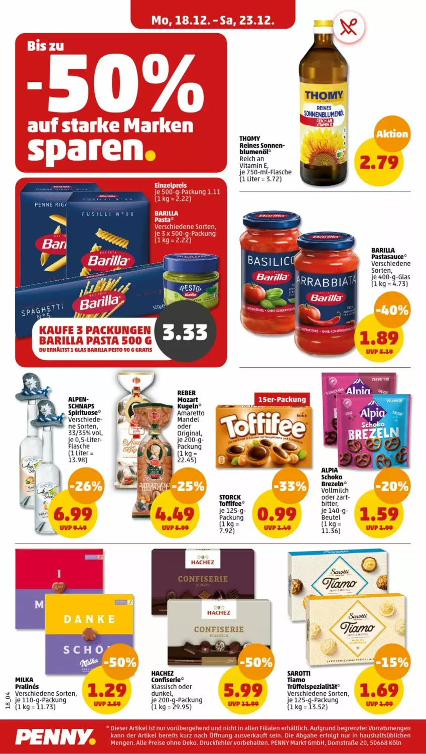 Aktueller Prospekt Penny - Prospekte - von 18.12 bis 23.12.2023 - strona 18 - produkty: alpia, Amaretto, barilla, beutel, blume, blumen, blumenöl, brezel, Brezeln, flasche, gin, Kugel, mandel, milch, milka, pasta, sauce, schoko, Spezi, storck, thomy, toffifee, Trüffel, vita, vollmilch