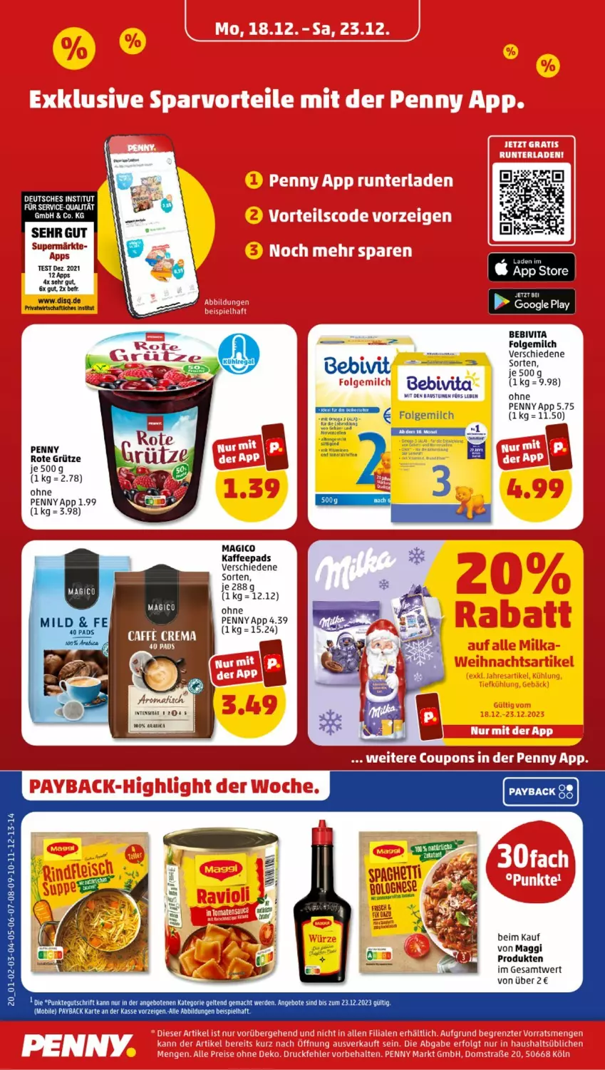 Aktueller Prospekt Penny - Prospekte - von 18.12 bis 23.12.2023 - strona 20 - produkty: angebot, angebote, aust, Bau, bebivita, eis, erde, fisch, folgemilch, google play, grütze, kaffee, kaffeepads, LG, mac, maggi, milch, omega, payback, Rote Grütze, spaghetti, Ti, vita