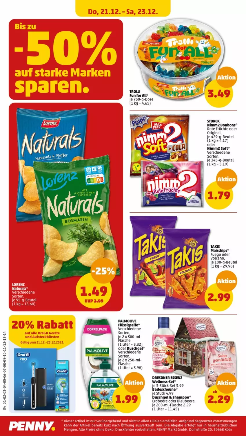 Aktueller Prospekt Penny - Prospekte - von 18.12 bis 23.12.2023 - strona 36 - produkty: Bad, beere, beutel, Blaubeer, blaubeere, bonbons, chips, duschgel, erdbeere, flasche, flüssigseife, früchte, gin, Heu, mais, natur, natura, nimm2, olive, palmolive, Seife, shampoo, storck