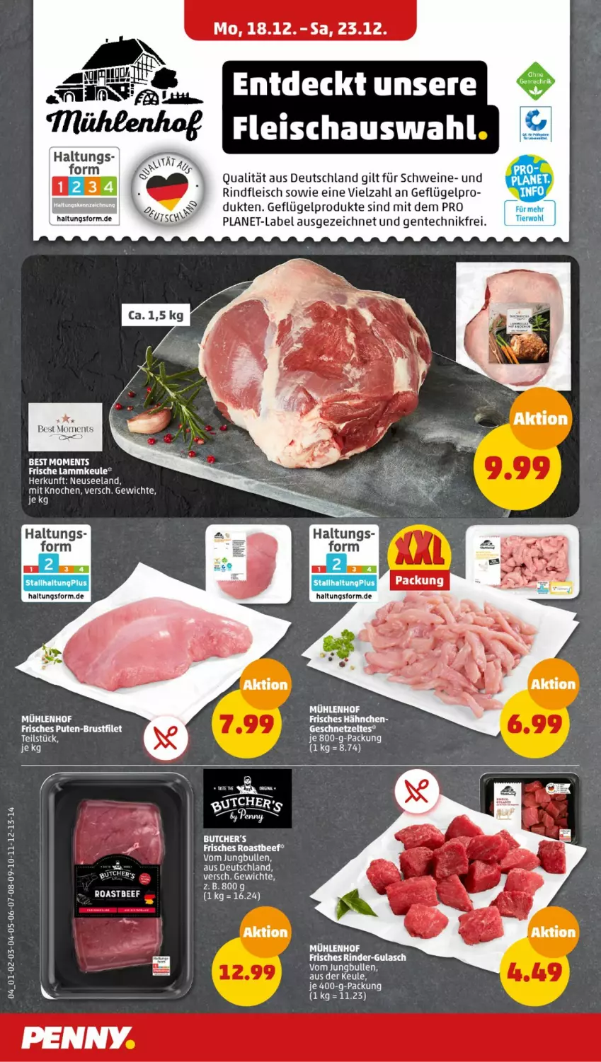 Aktueller Prospekt Penny - Prospekte - von 18.12 bis 23.12.2023 - strona 4 - produkty: beef, eis, Elan, ente, fleisch, Geflügel, geflügelprodukte sind mit dem, geschnetzeltes, gulasch, jungbullen, lamm, lammkeule, rind, rinder, rindfleisch, roastbeef, schwein, schweine, wein, weine, Zelt