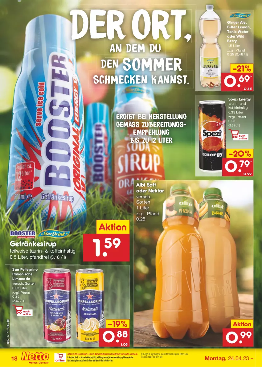 Aktueller Prospekt Netto Marken-Discount - Filial-Angebote - von 24.04 bis 29.04.2023 - strona 18 - produkty: bestpreis, bitter lemon, drink, eis, elle, getränk, getränke, getränkesirup, gin, ginger, ginger ale, limo, limonade, ndk, Nektar, reis, saft, san pellegrino, sirup, Spezi, Ti, tonic, tonic water, Wild, wild berry