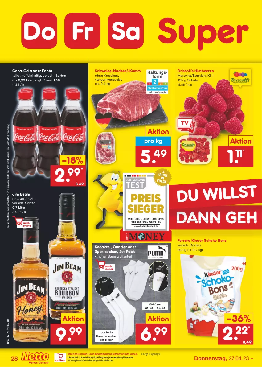 Aktueller Prospekt Netto Marken-Discount - Filial-Angebote - von 24.04 bis 29.04.2023 - strona 28 - produkty: Bau, beere, beeren, bestpreis, coca-cola, cola, eis, fanta, ferrero, fleisch, himbeer, himbeere, himbeeren, jim beam, Kinder, ndk, reis, Schal, Schale, schoko, schwein, schweine, sneaker, socken, Sport, sportsocken, Ti, wein, weine, wurst, wurst in selbstbedienung