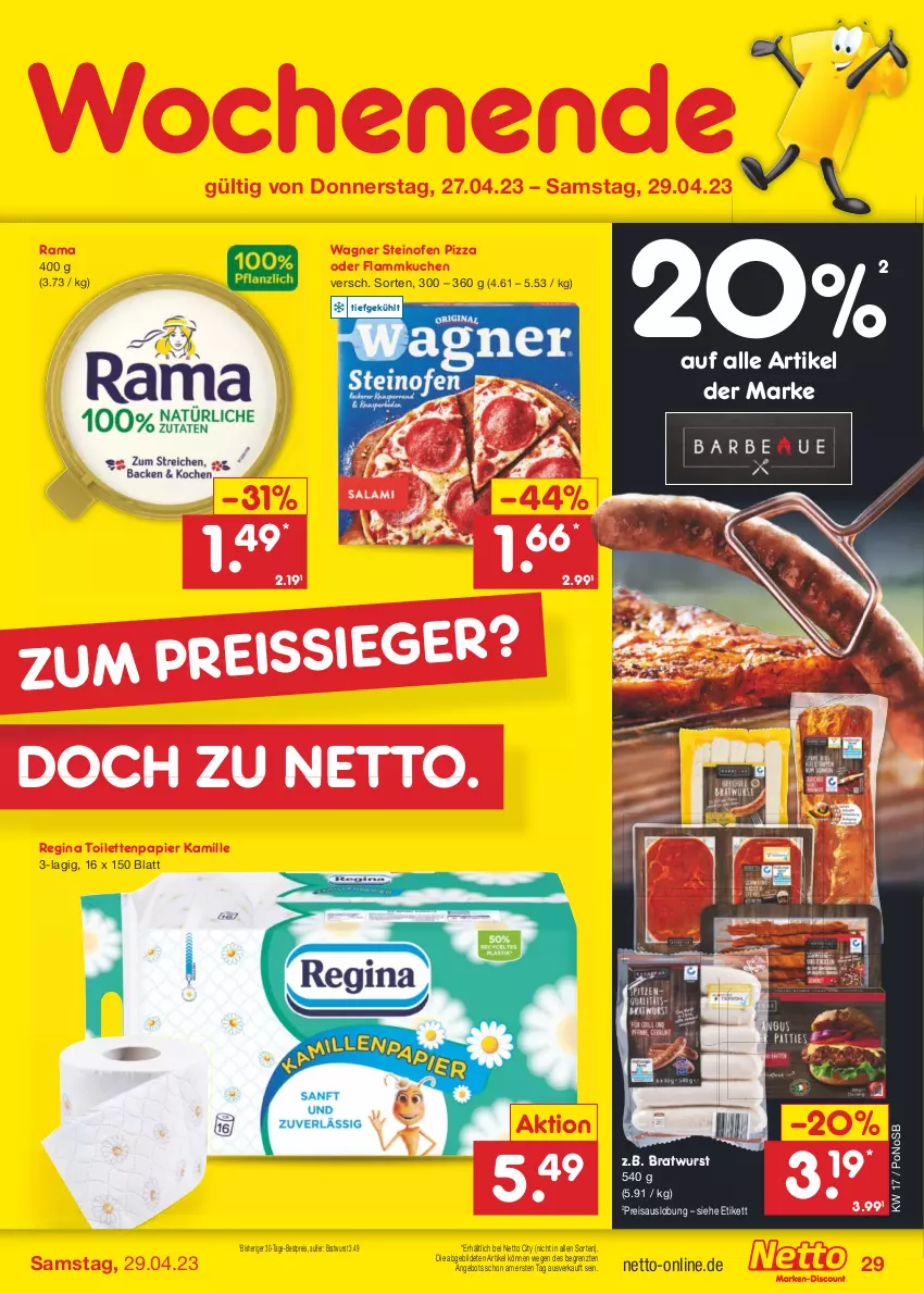 Aktueller Prospekt Netto Marken-Discount - Filial-Angebote - von 24.04 bis 29.04.2023 - strona 29 - produkty: angebot, bestpreis, bratwurst, eis, flammkuchen, gin, Kamill, kamille, kuchen, lamm, Ofen, papier, pizza, rama, reis, steinofen, steinofen pizza, Ti, toilettenpapier, wagner, wurst, ZTE