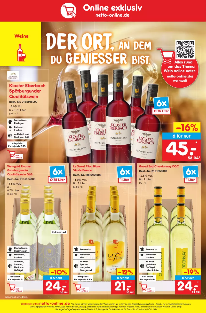 Aktueller Prospekt Netto Marken-Discount - Filial-Angebote - von 24.04 bis 29.04.2023 - strona 42 - produkty: angebot, bestpreis, burgunder, chardonnay, eis, fisch, fleisch, Geflügel, grand sud, grauburgunder, grill, Kloster Eberbach, LG, ndk, pasta, qualitätswein, reis, Rivaner, rotwein, salat, salate, spätburgunder, Ti, vin de france, wein, weine, Weißwein, ZTE