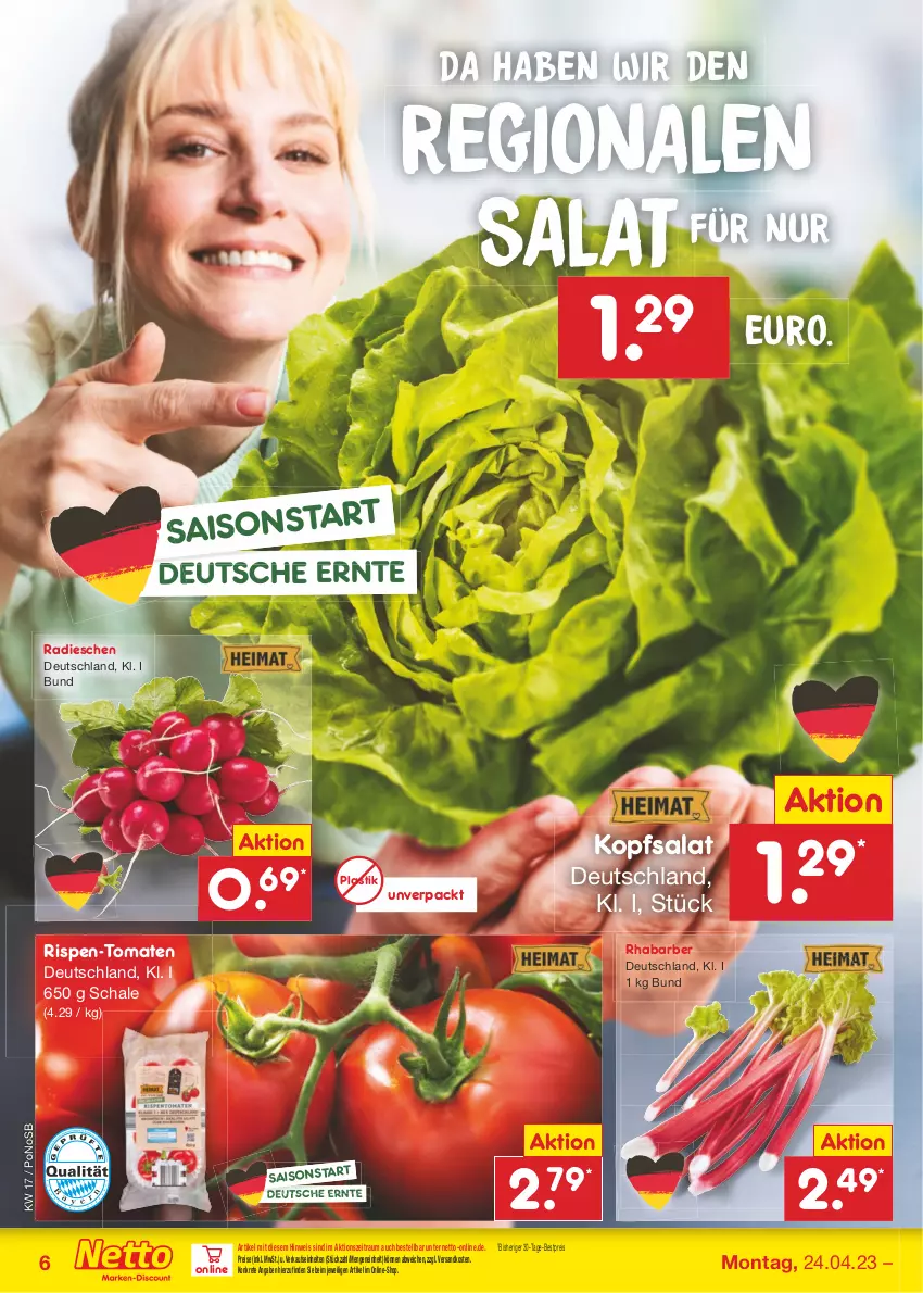 Aktueller Prospekt Netto Marken-Discount - Filial-Angebote - von 24.04 bis 29.04.2023 - strona 6 - produkty: asti, bestpreis, eis, kopfsalat, ndk, radieschen, reis, rhabarber, salat, Schal, Schale, Ti, tomate, tomaten