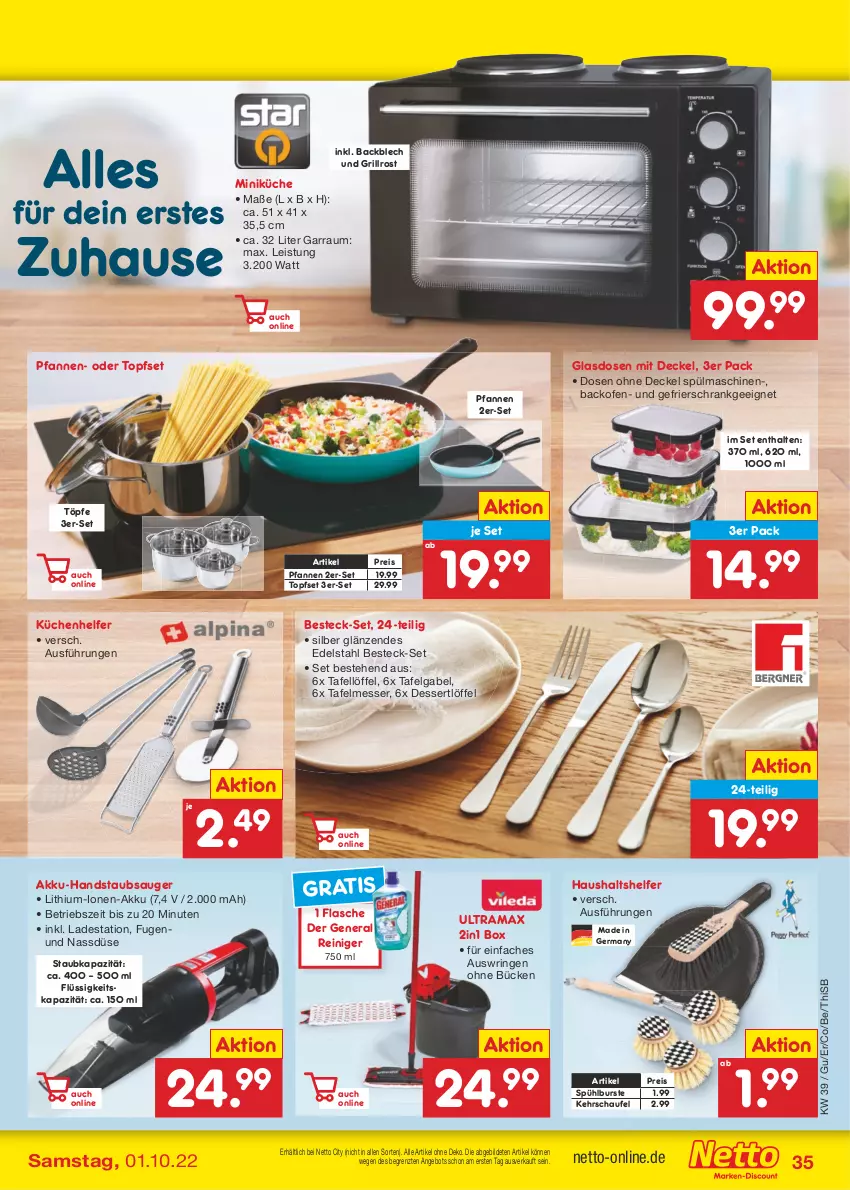 Aktueller Prospekt Netto Marken-Discount - Filial-Angebote - von 26.09 bis 01.10.2022 - strona 35 - produkty: akku, akku-handstaubsauger, angebot, backofen, besteck, besteck-set, decke, Deckel, dessert, edelstahl, eis, flasche, gabel, garraum, gefrierschrank, Germ, grill, grillrost, handstaubsauger, küche, Küchen, Küchenhelfer, LG, Löffel, messer, Ofen, pfanne, pfannen, rama, reiniger, reis, ring, Schrank, spülmaschinen, ssd, staubsauger, Ti, topf, Topfset, ZTE