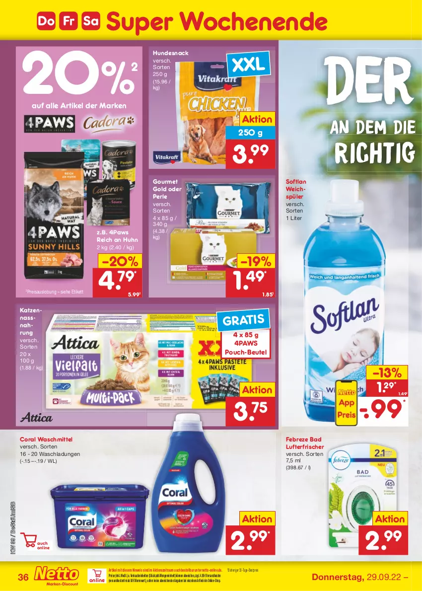 Aktueller Prospekt Netto Marken-Discount - Filial-Angebote - von 26.09 bis 01.10.2022 - strona 36 - produkty: Bad, bestpreis, beutel, Coral, eis, febreze, gourmet gold, hundesnack, lufterfrischer, Nassnahrung, ndk, reis, snack, Softlan, Ti, versandkostenfrei, waschmittel, weichspüler