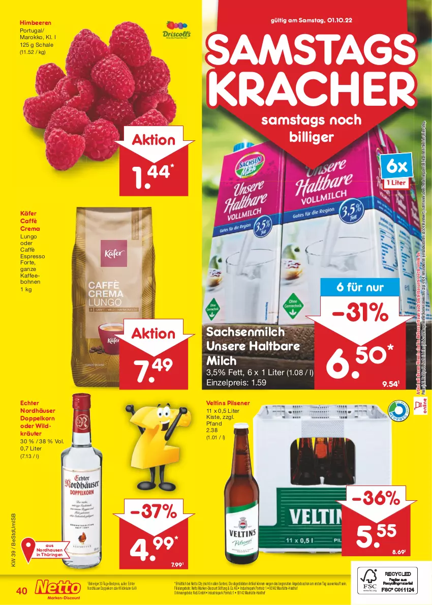 Aktueller Prospekt Netto Marken-Discount - Filial-Angebote - von 26.09 bis 01.10.2022 - strona 40 - produkty: angebot, angebote, beere, beeren, bestpreis, bohne, bohnen, caffè crema, discount, doppelkorn, eis, espresso, haltbare milch, himbeer, himbeere, himbeeren, Holz, käfer, kaffee, kaffeebohnen, korn, kracher, kräuter, lungo, marken-discount, milch, ndk, pils, pilsener, reis, ring, sac, Schal, Schale, Ti, veltins, veltins pilsener, versandkostenfrei, Wild, ZTE