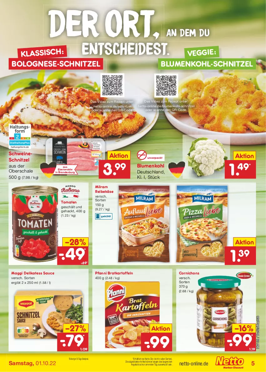 Aktueller Prospekt Netto Marken-Discount - Filial-Angebote - von 26.09 bis 01.10.2022 - strona 5 - produkty: angebot, asti, bestpreis, blume, blumen, blumenkohl, bolognese, delikatess sauce, deo, eis, kartoffel, kartoffeln, Käse, maggi, milram, pfanni, Reibekäse, reis, rezept, sauce, Schal, Schale, schnitzel, schwein, schweine, schweineschnitzel, Ti, tomate, tomaten, veggie, wein, weine, ZTE