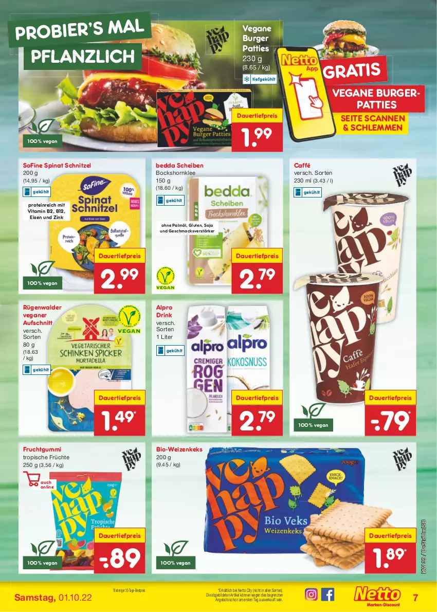 Aktueller Prospekt Netto Marken-Discount - Filial-Angebote - von 26.09 bis 01.10.2022 - strona 7 - produkty: alpro, angebot, auer, aufschnitt, bestpreis, bier, bio, burger, dauertiefpreis, drink, eis, frucht, früchte, fruchtgummi, keks, mac, ohne palmöl, reis, rügenwalder, schnitzel, soja, spinat, Ti, tiefpreis, vita, Vitamin B, ZTE